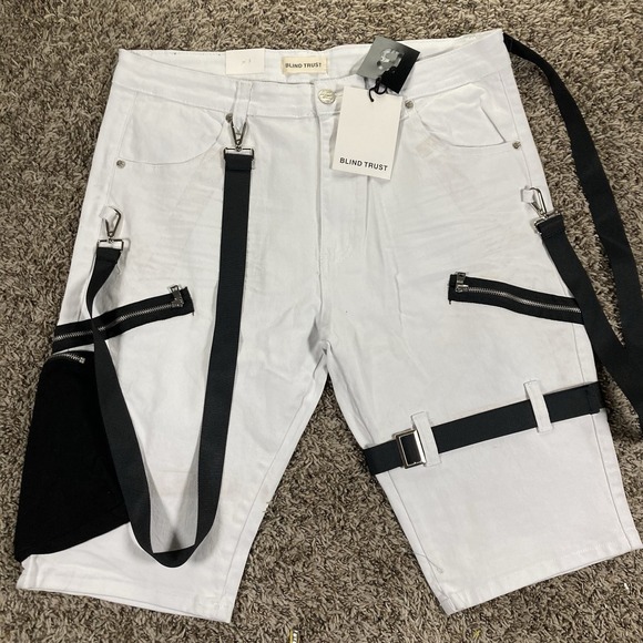 Blind Trust Black With White Strap Distressed Jeans Denim MEN Shorts New 40 - Picture 1 of 6
